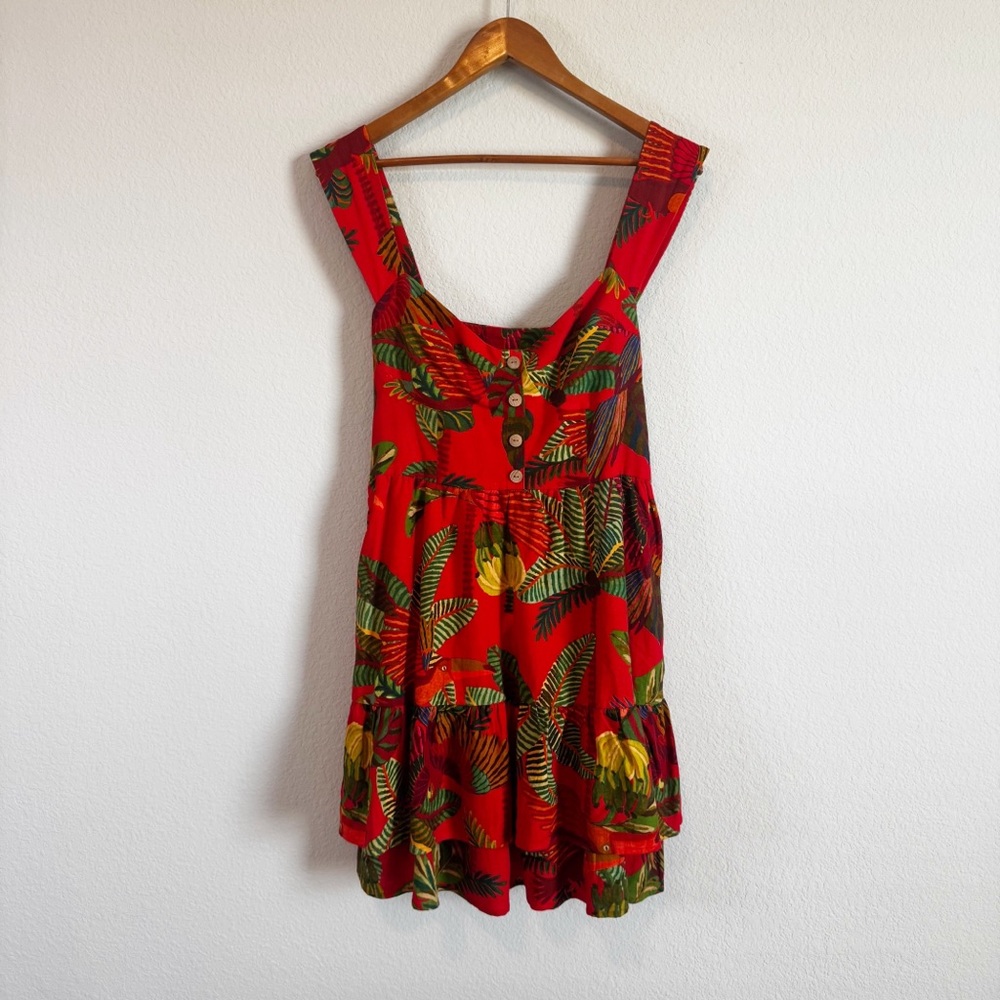 Farm Rio Forest Birds Linen Blend Tiered Ruffle Tropical Mini Dress Size L